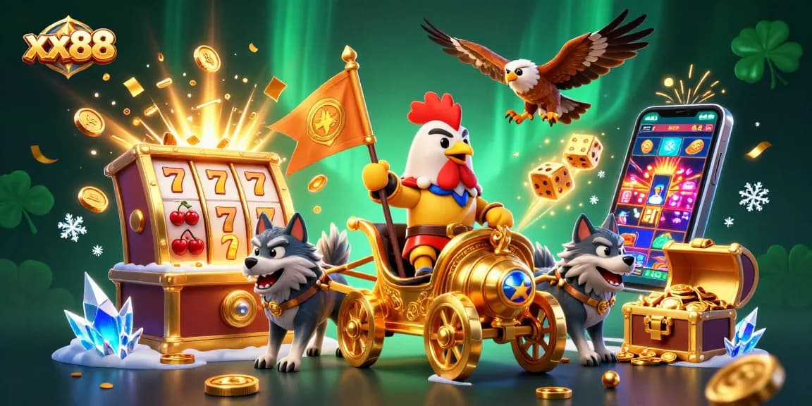 Experience winning with xx88 by playing vibrant casino-themed games in an exciting digital illustration.