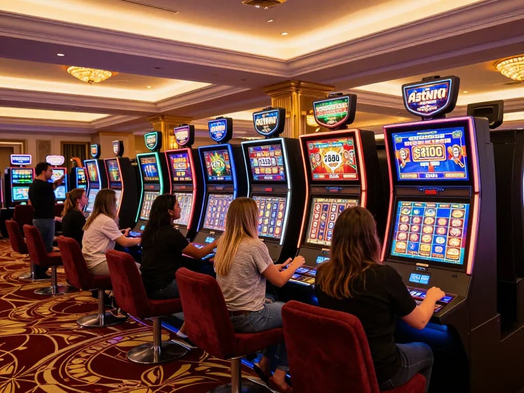 Players enjoying vibrant slot machines at HM88 casino, celebrating wins in an upscale atmosphere
