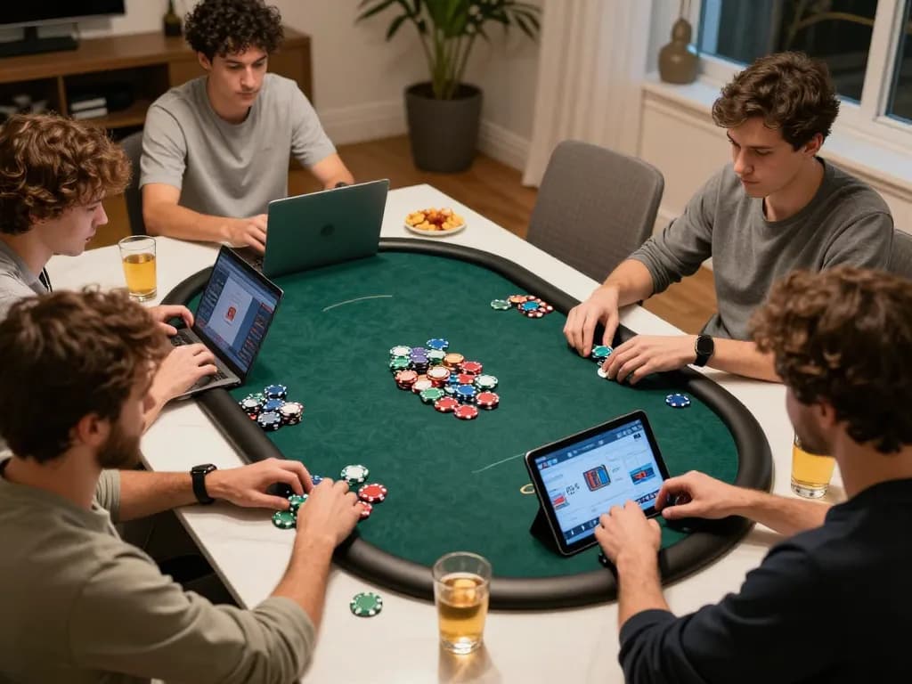 Players engaged in an online poker game at home, showcasing XX88 strategic gameplay atmosphere with colorful chips and cozy setting