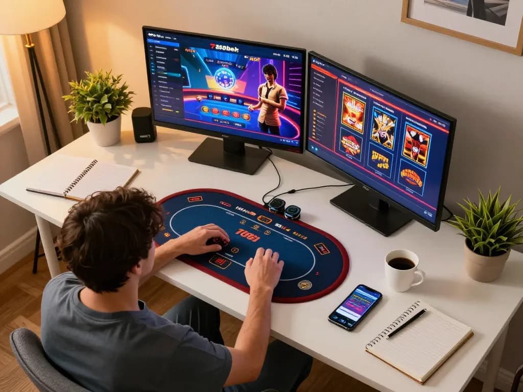 Engaging in online poker at 789bet with multiple screens and a cozy home setup.