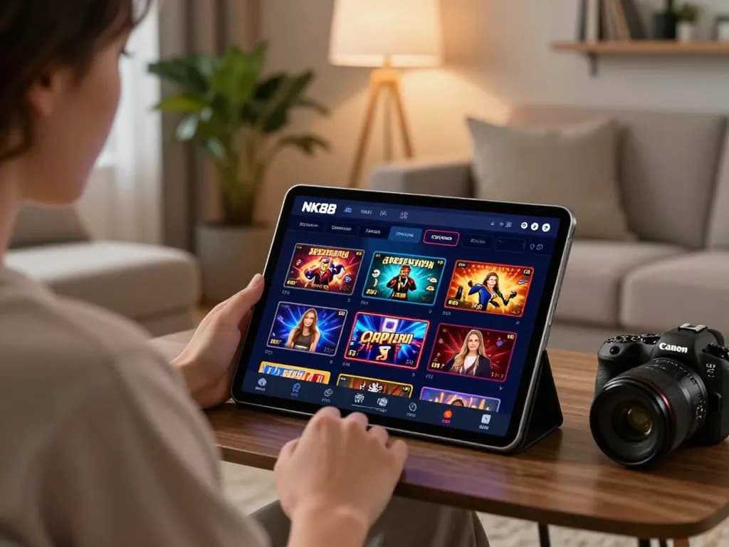 Engaging gameplay experience on the NK88 app shown on a tablet in a cozy setting.