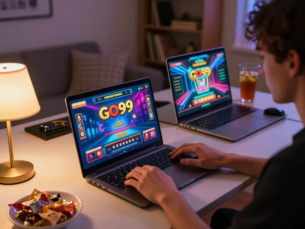 Engaging scene of a player enjoying GO99 casino games at home, focusing on a dynamic online gaming setup