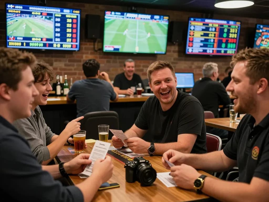 Betting enthusiasts engaging in live sports betting at a vibrant shop, showcasing mb66 while placing strategic bets.