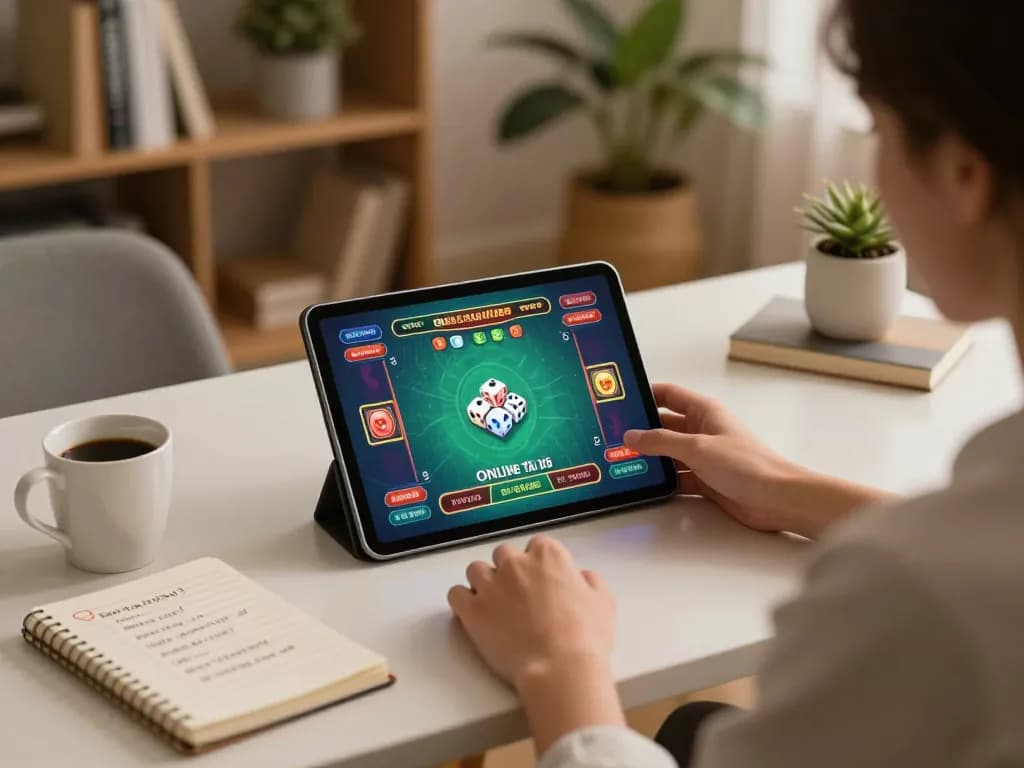 Tài Xỉu online uy tín gameplay where a user engages with a tablet in a warm home setting.