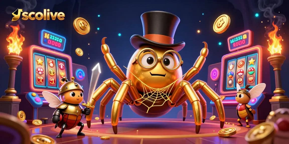 Socolive showcases a thrilling 3D scene with a golden tarantula weaving casino magic amidst exciting slot reels.