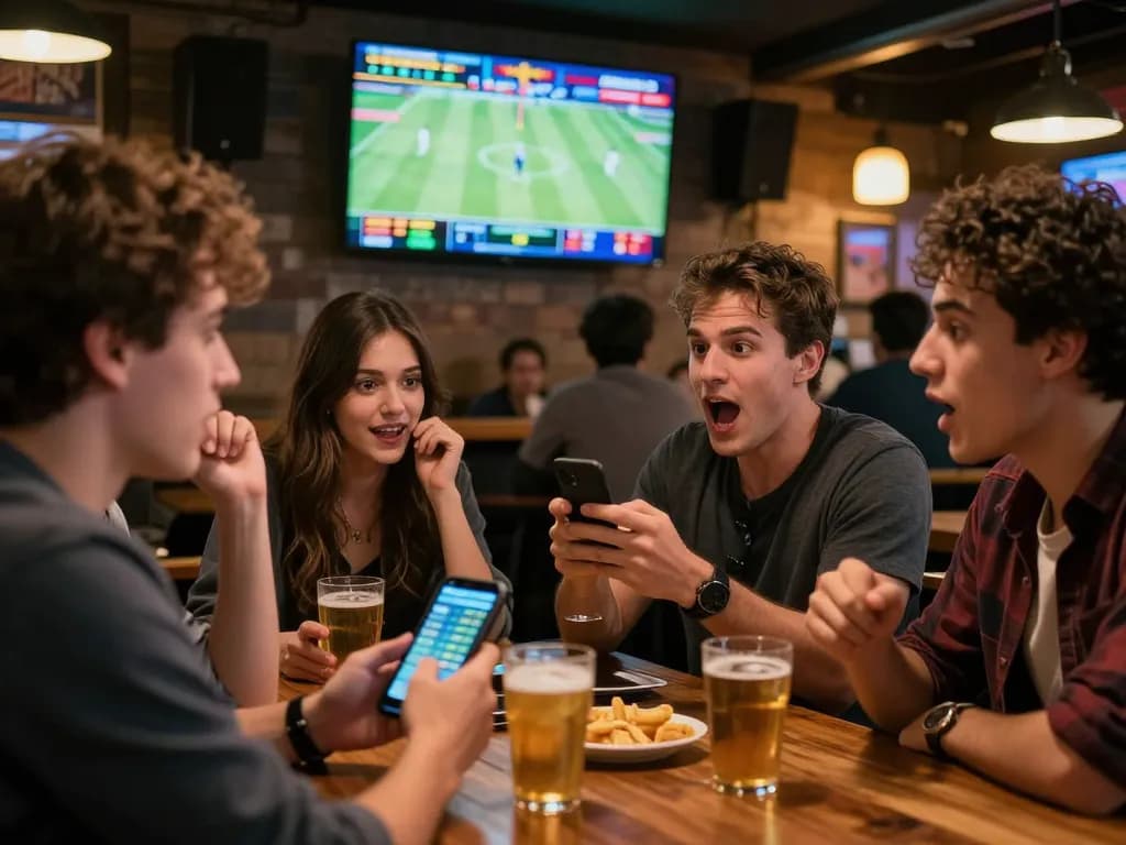 Engaging sports betting scene promoting ผลบอล with friends in an energetic sports bar.