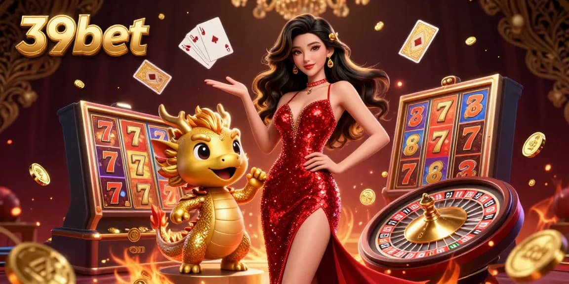 Experience excitement at 39bet online casino featuring vibrant slots, golden dragon mascot, and dazzling playing cards.