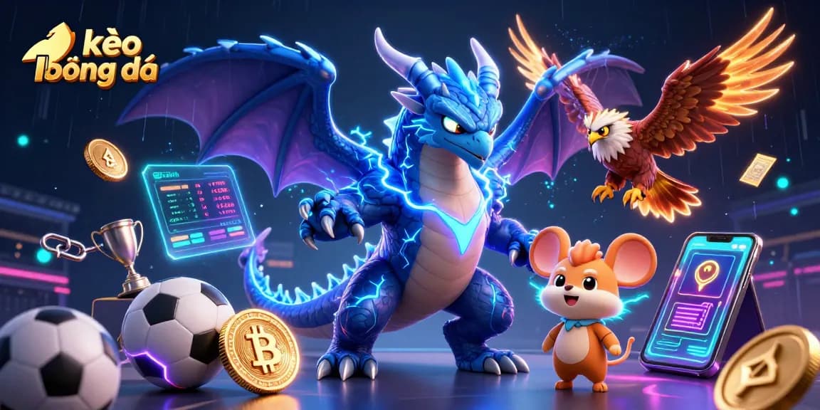 Engage with kèo bóng đá in this vibrant 3D illustration showcasing betting slips, trophies, and energetic gaming elements.