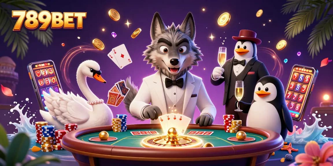 Enjoy thrilling casino action with 789BET featuring a debonair wolf, elegant swan, and penguin sommelier.