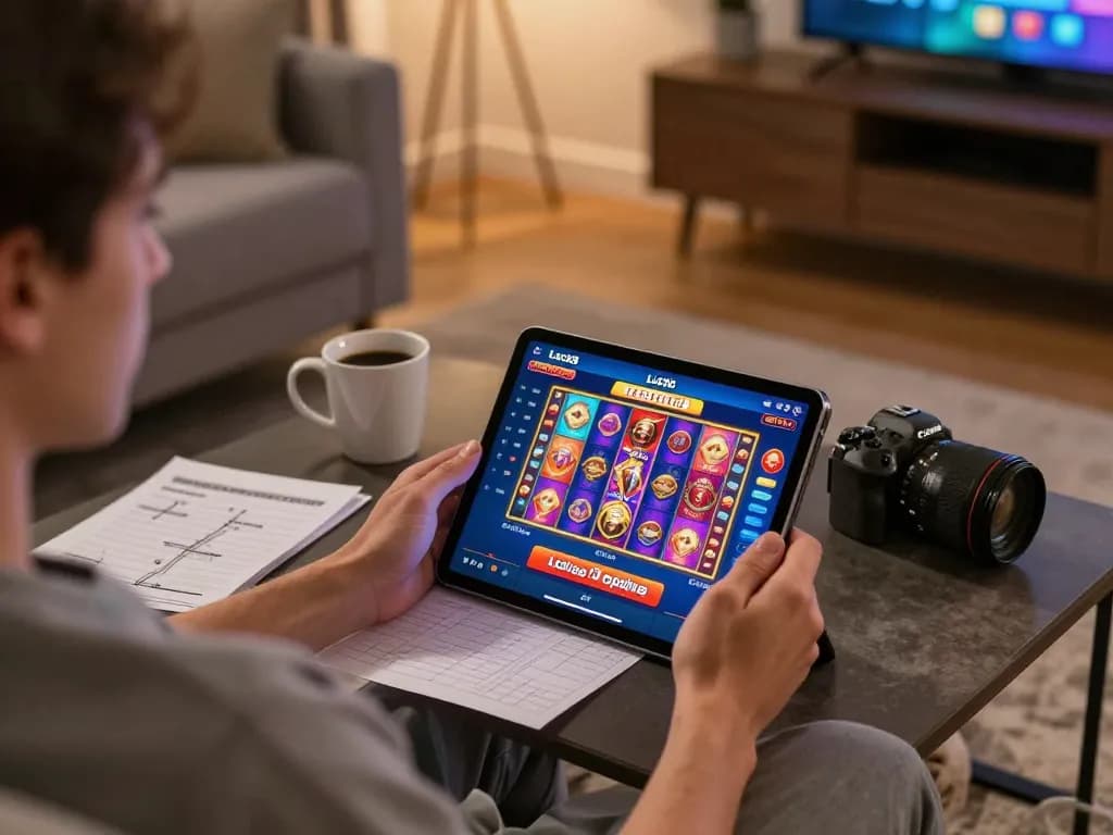 Engaging with luck8 casino on a tablet in a cozy home setting.