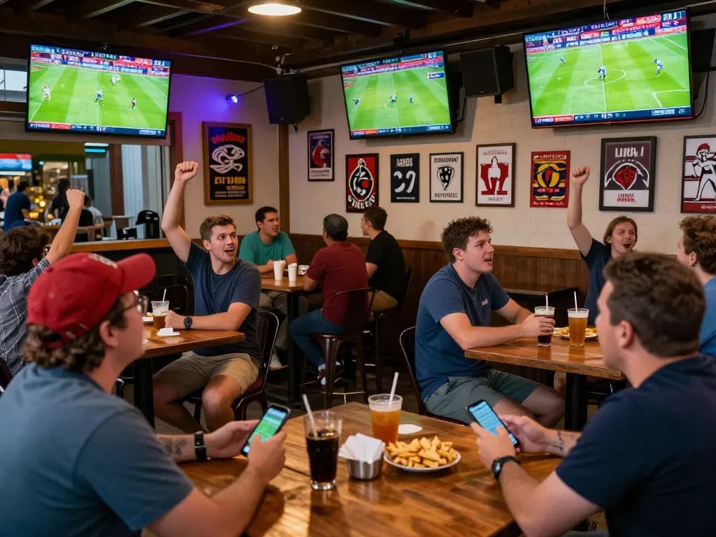 Fans cheering at a sports bar during a match, checking ผลบอล and placing bets on their smartphones.