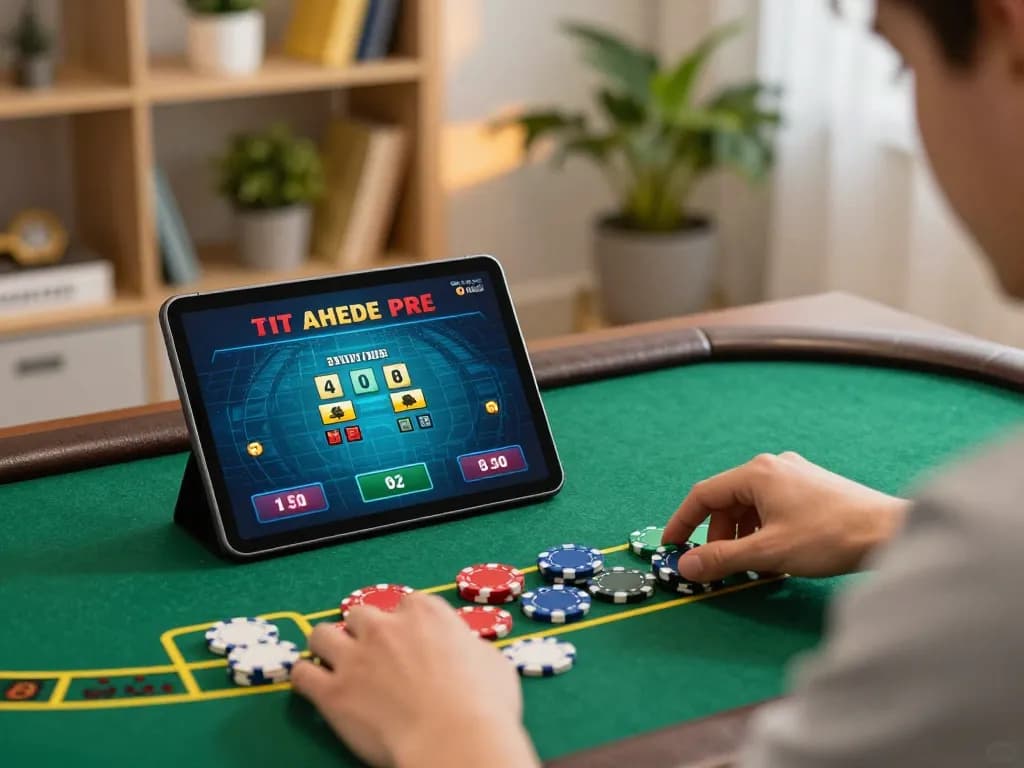 Player enjoying live dealer blackjack on MM88 tablet, showcasing gaming strategy in a cozy setting