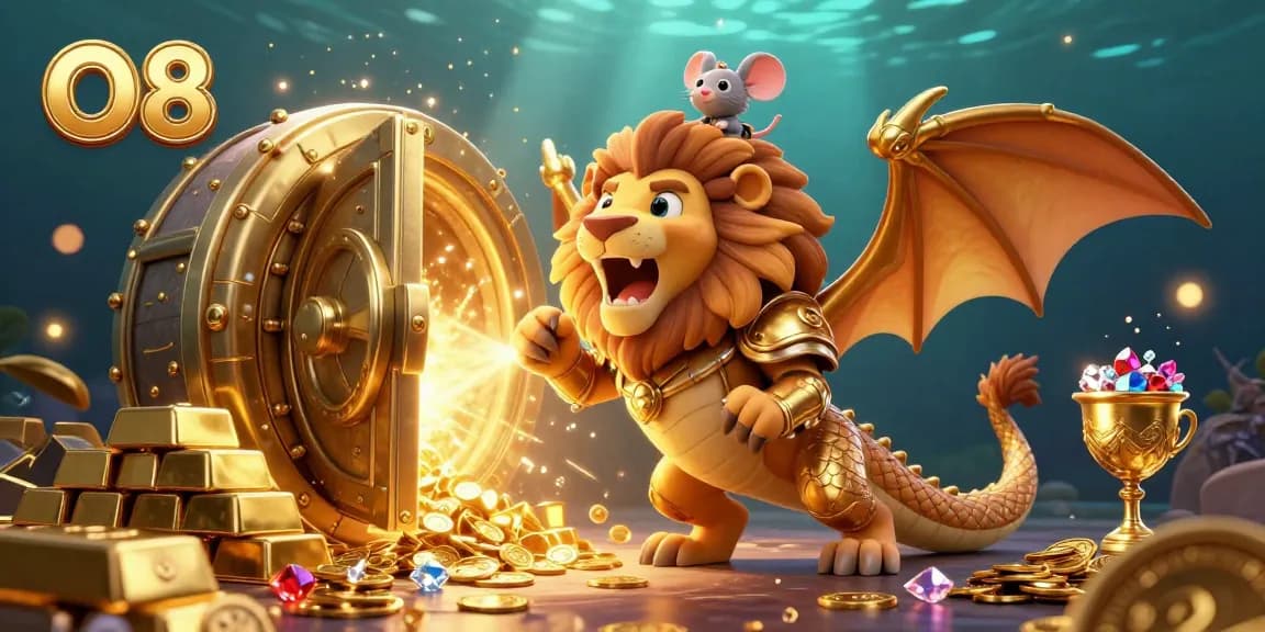 Experience the excitement of O8 as the chimera triumphs in a dazzling treasure scene with gold and jewels.