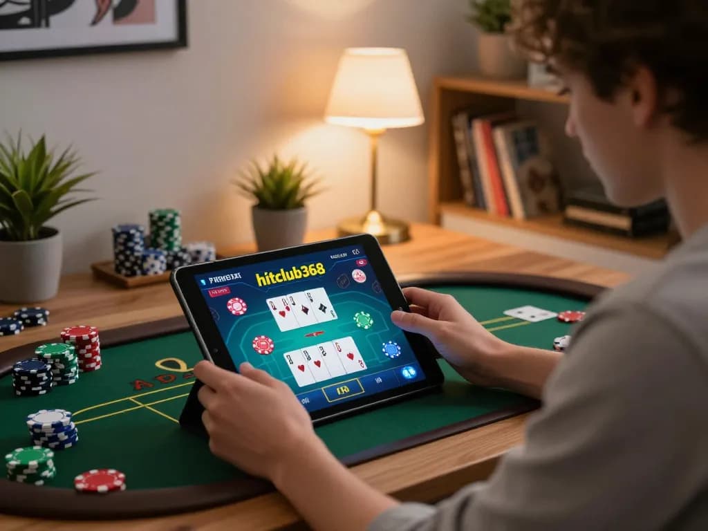 Player enjoying poker on hitclub368's app, showcasing chips and cards in a cozy home setting.