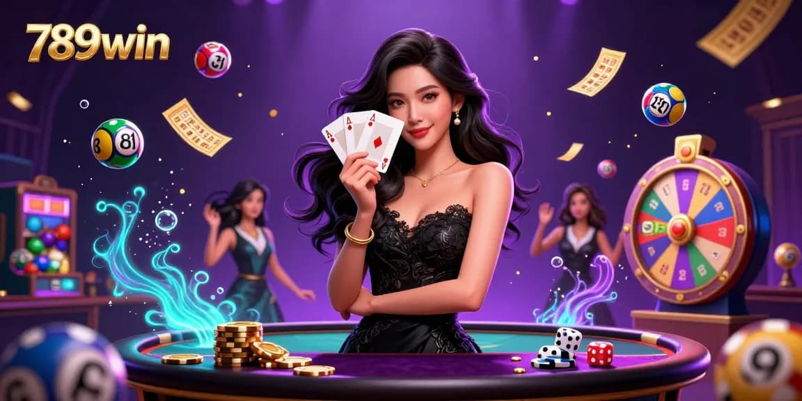 Bet on 789win with an elegant Asian woman playing cards in a vibrant casino setting.