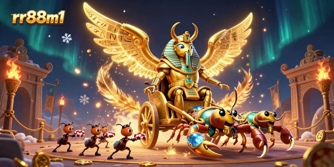 Engage in thrilling gameplay at rr88m1 with the golden scarab beetle and scorpion chariot amidst a vibrant casino scene.