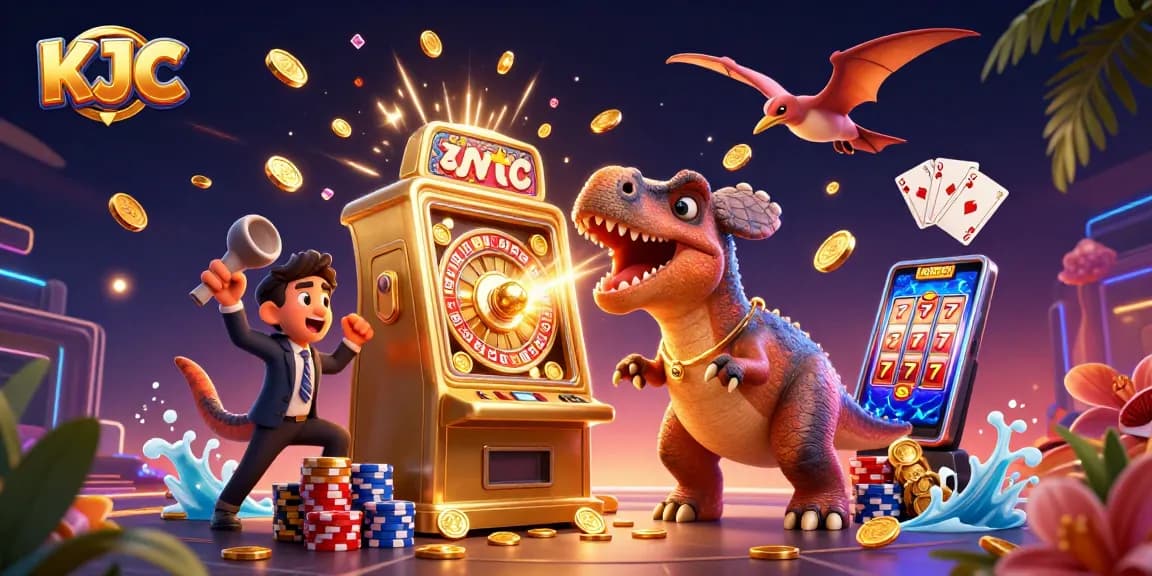 KJC embraces excitement as the pachycephalosaurus wins jackpot coins in a lively casino scene.