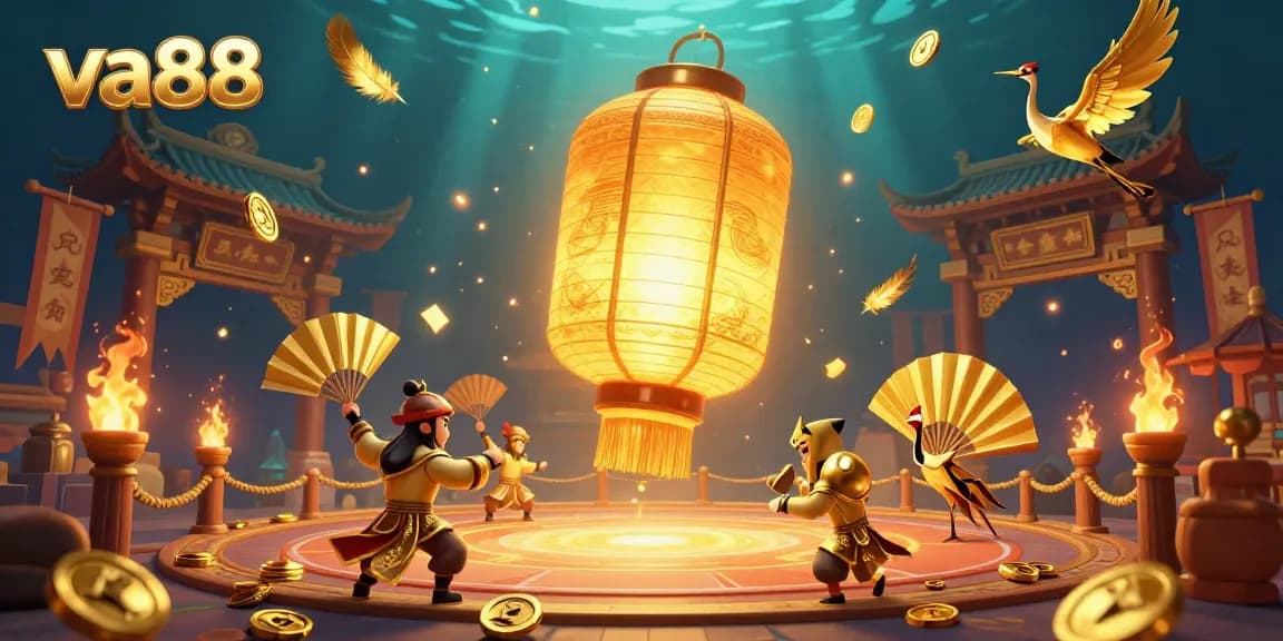 Engage with va88’s dynamic night market casino, showcasing a golden lantern spirit and fortune symbols.