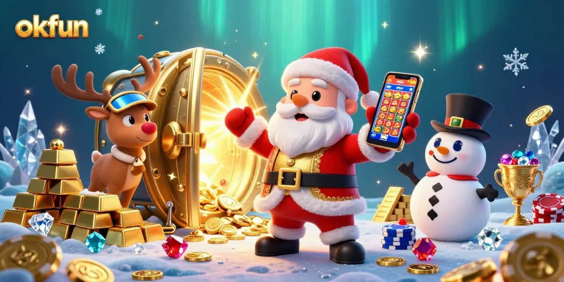 Spin to win at okfun with Santa Claus and friends in a vibrant casino scene.