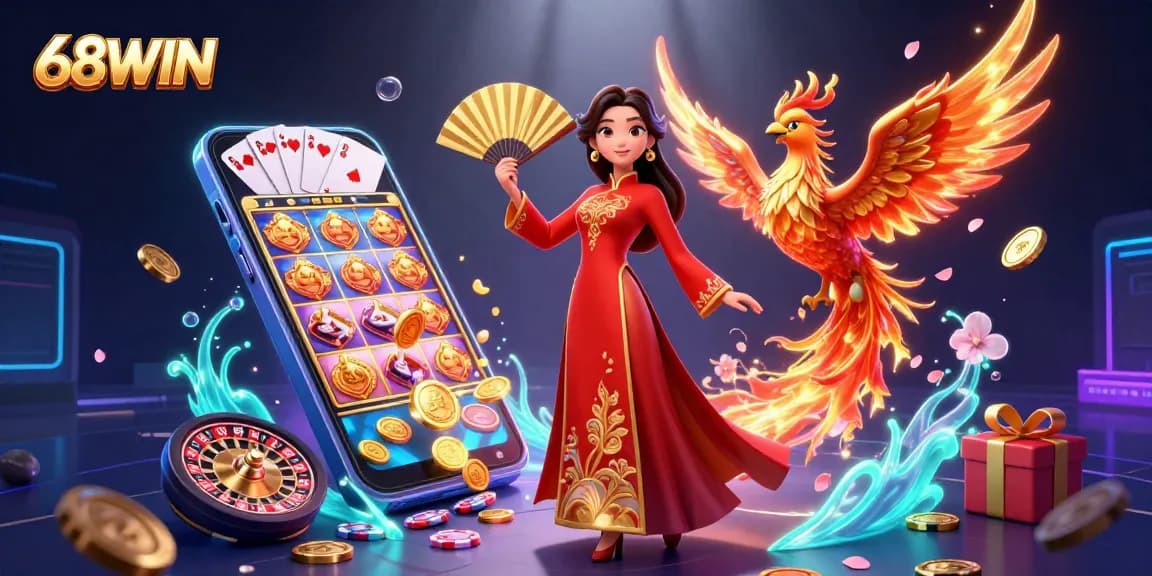 68WIN features a vibrant 3D illustration of a Vietnamese woman in a red ao dai, showcasing the excitement of online gambling.