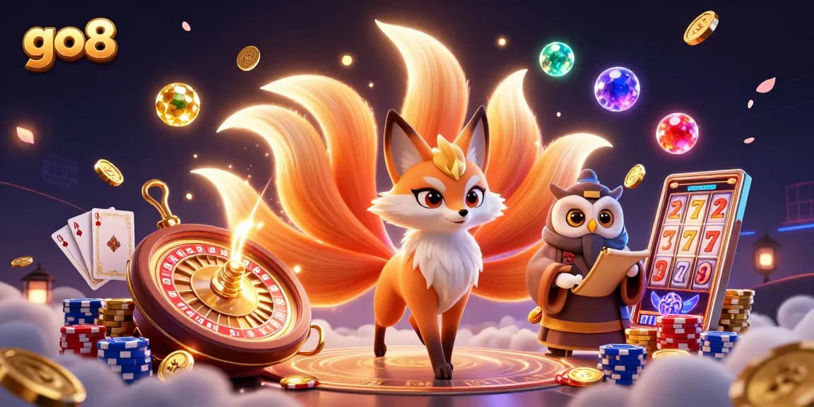 Go8 illuminates a vibrant, dynamic casino scene with a glowing fox spirit, owl sage, and casino elements.