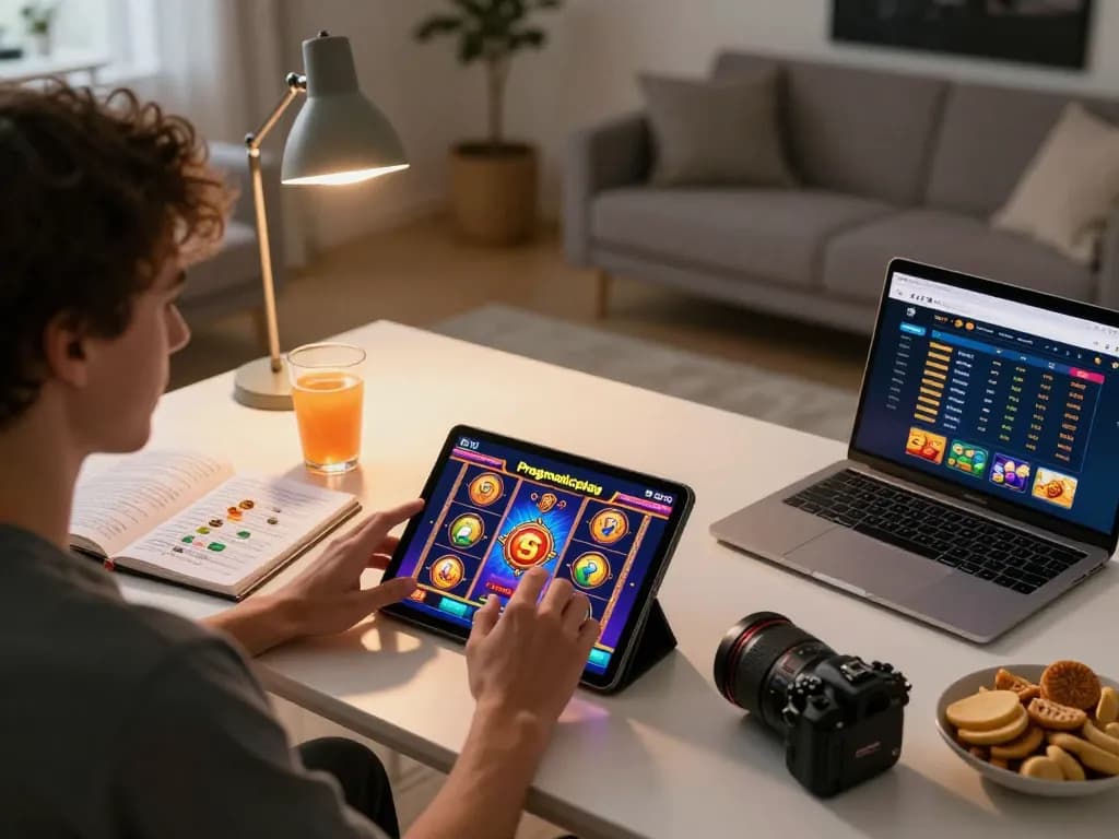 Playing Pragmaticplay slots on a cozy tablet setup in a warm home environment.