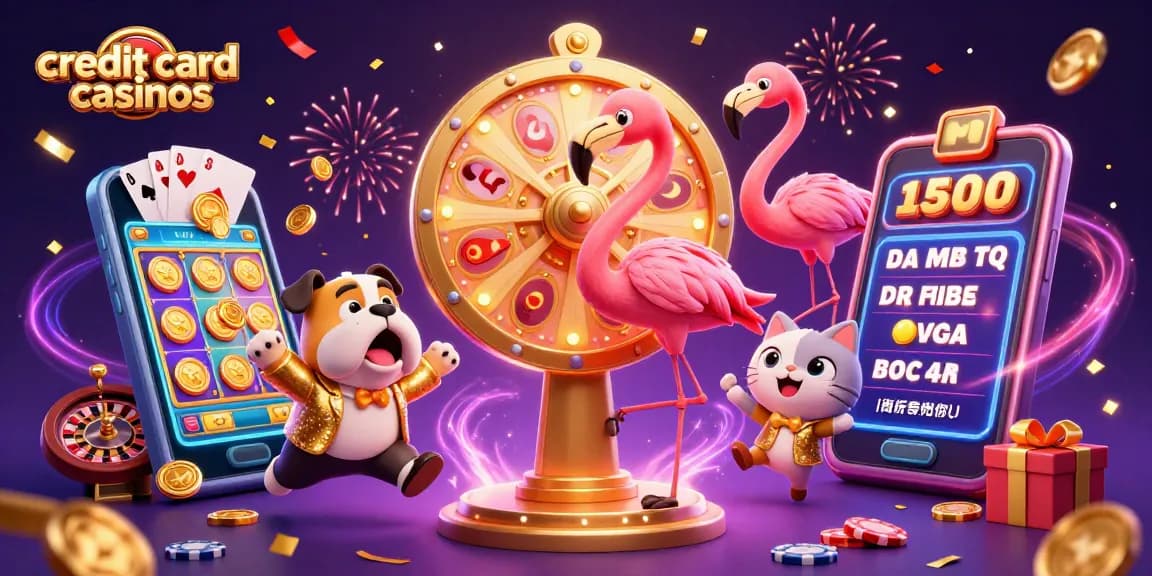 Engaging scene showcasing credit card casinos with cartoon characters and vibrant game elements.