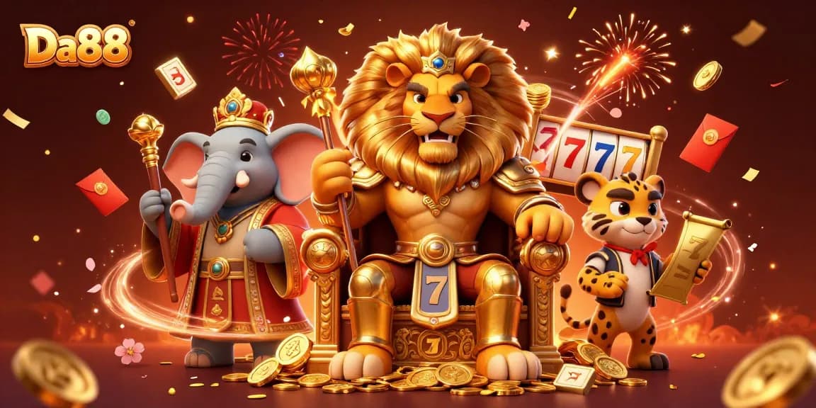 Engage with Da88 as the lion king reigns over slot reels, celebrating a vibrant casino scene.