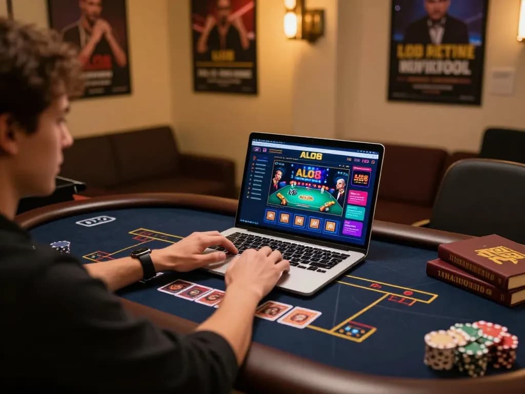 Player engaging in online poker on ALO8, showcasing a modern gaming setup with strategic materials.