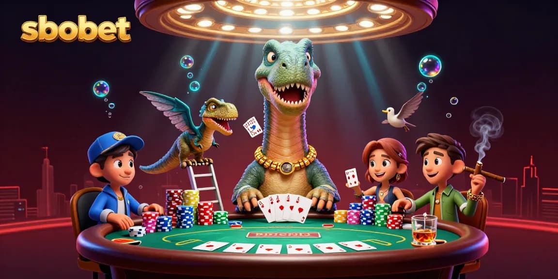 Engage in sbobet poker action at an extravagant casino scene with vibrant characters and decorations.