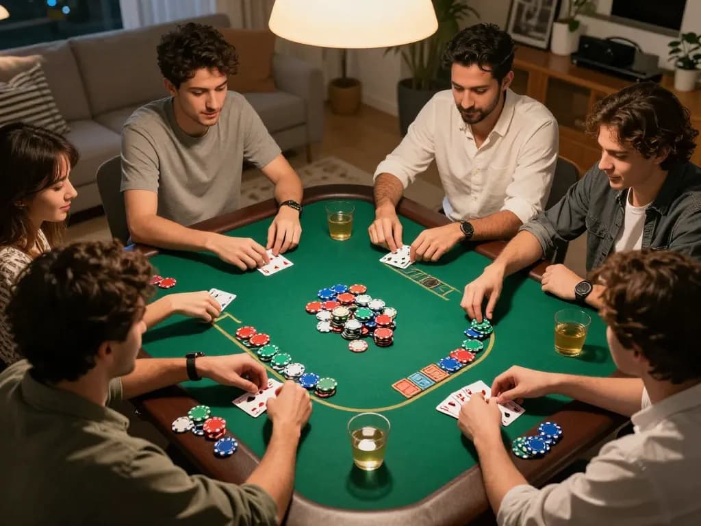 hit-club players enjoying a thrilling blackjack game at home with vibrant chips and friendly competition