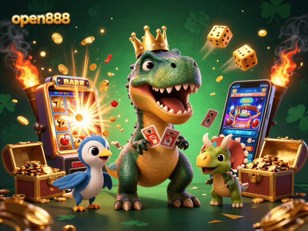 open888 showcases a fun 3D scene with a T-Rex, pterodactyl, and triceratops engaging in exciting casino activities.