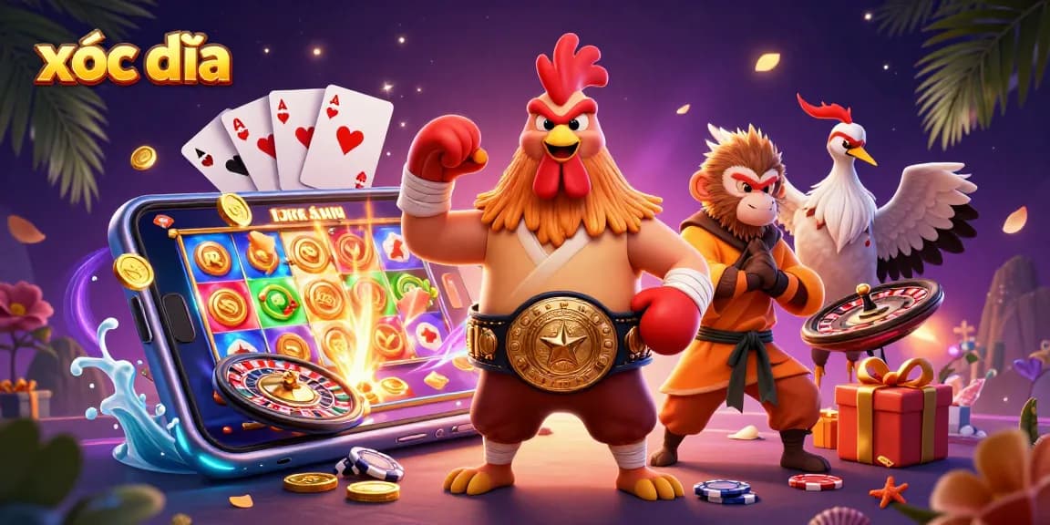 Xóc đĩa game illustrated with a Muay Thai rooster, martial artist monkey, and wise crane, surrounded by casino elements.