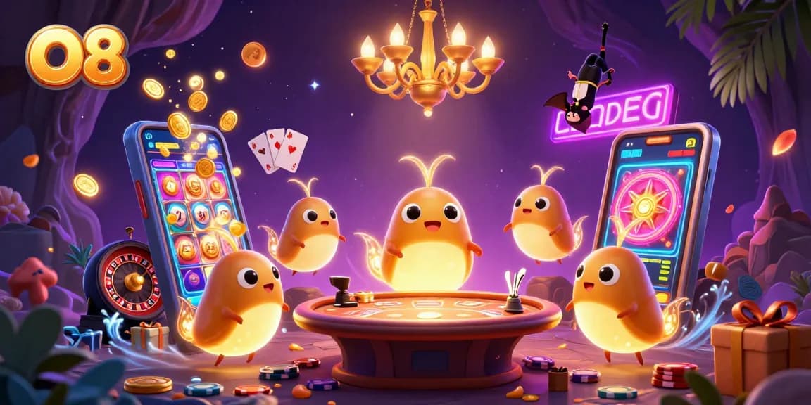 Spin and win at O8's vibrant cave casino lit by glowworms and featuring exciting game elements.