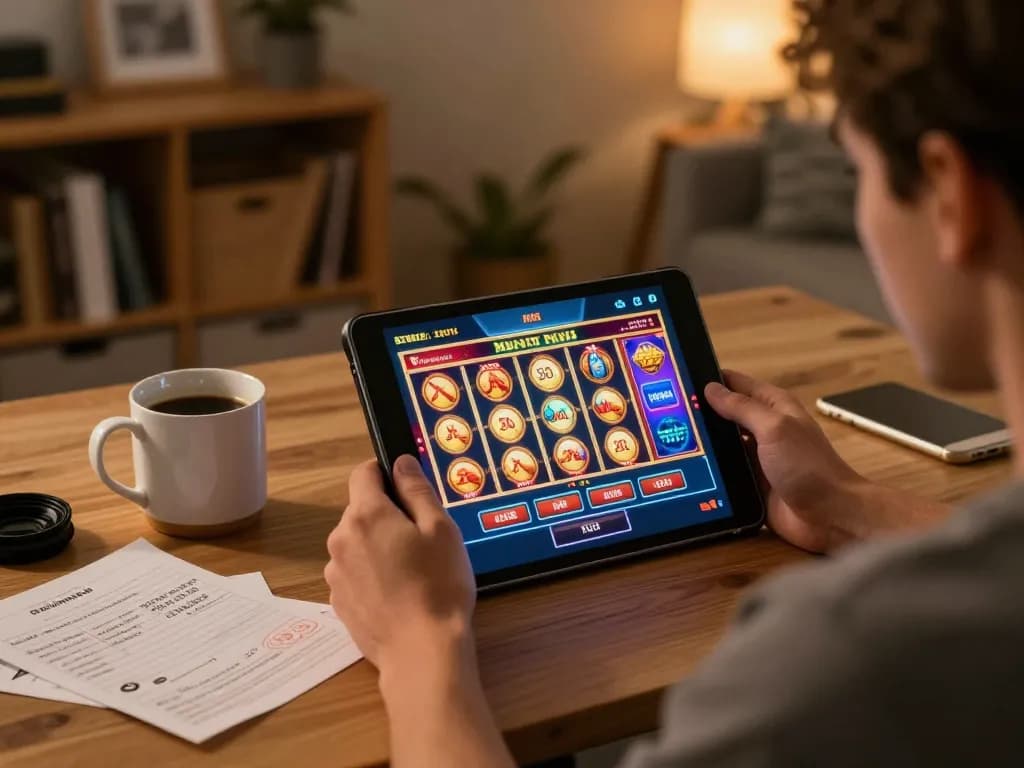 The player enjoys interactive casino games on a tablet at home, showcasing the vibrant world of vua99 online gaming.