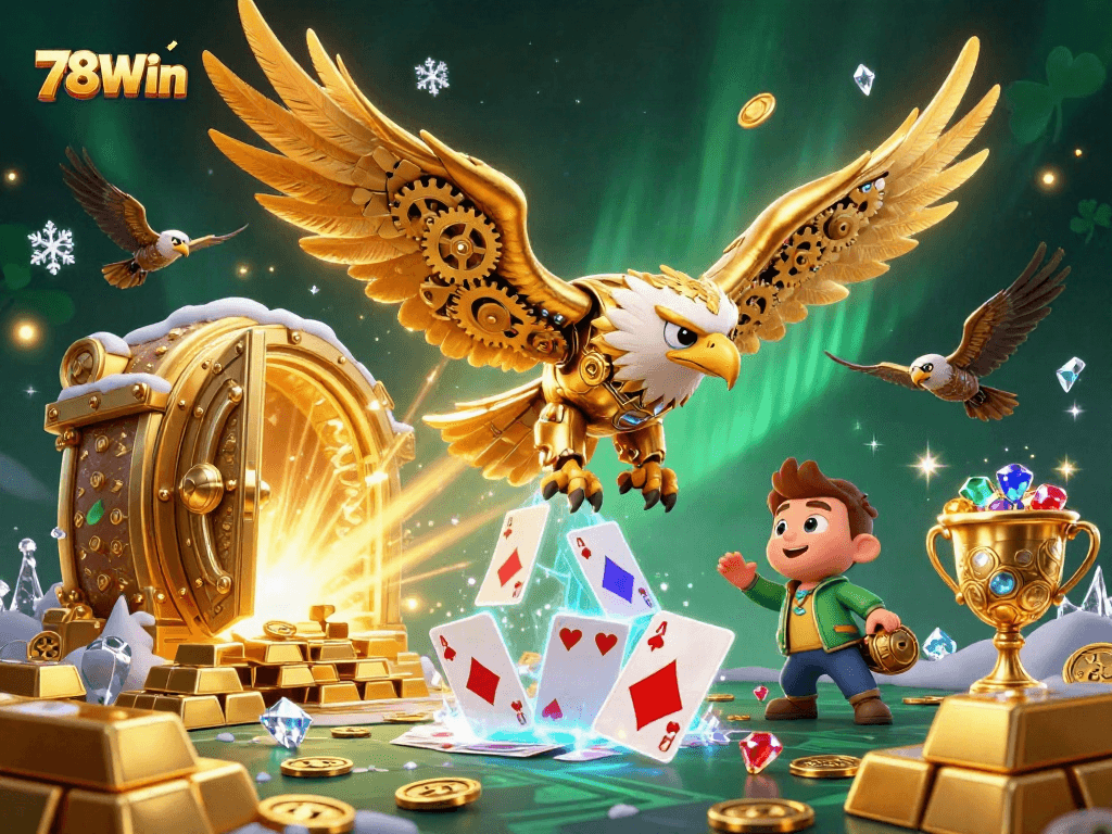 Engage with 78Win's thrilling casino experience through vibrant 3D illustration of a cybernetic eagle.