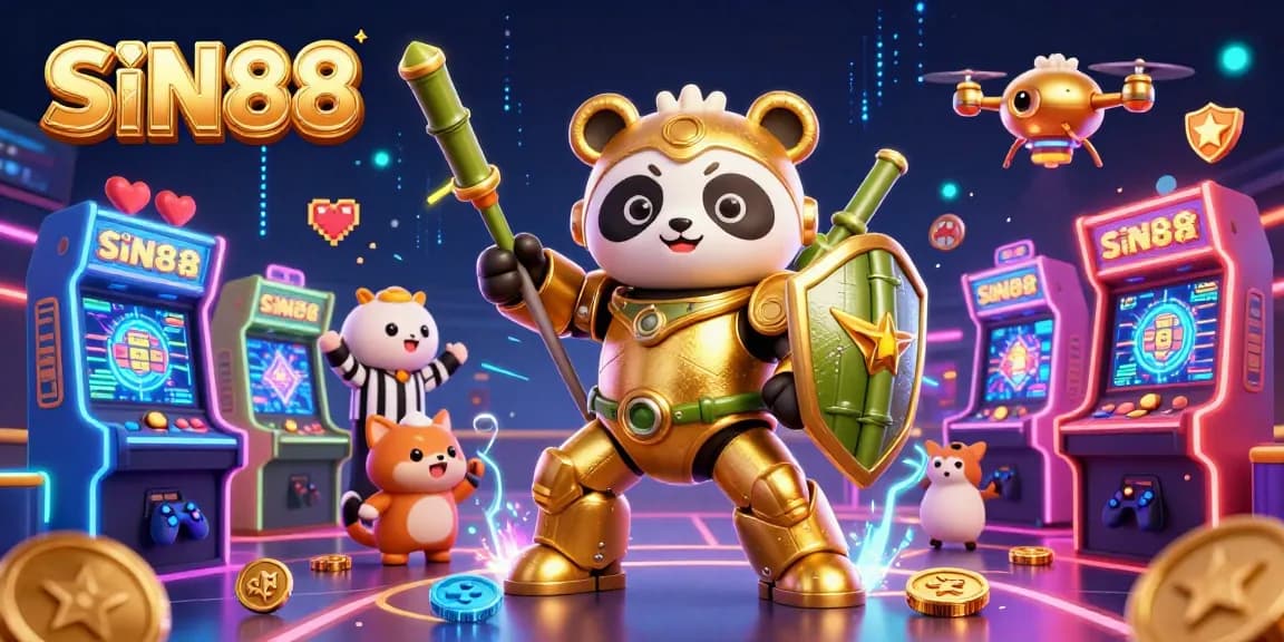 SIN88 brings excitement to life in a lively gaming arena with a golden panda robot.