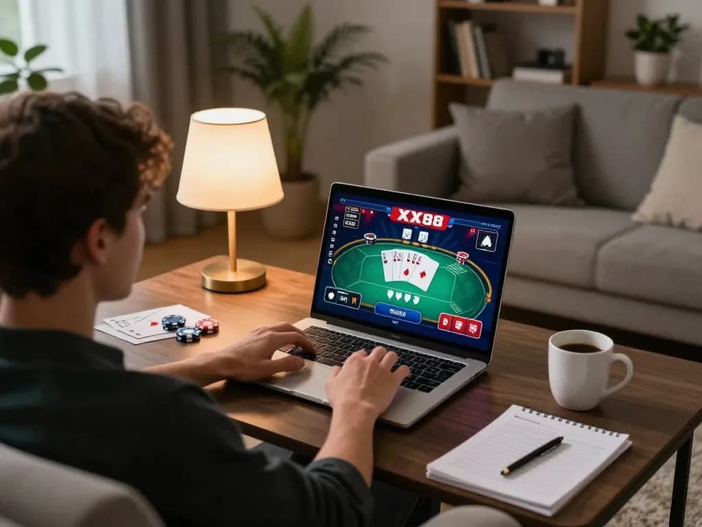 Player engaging with the XX88 poker game on a laptop, surrounded by strategy notes in a cozy home setting.
