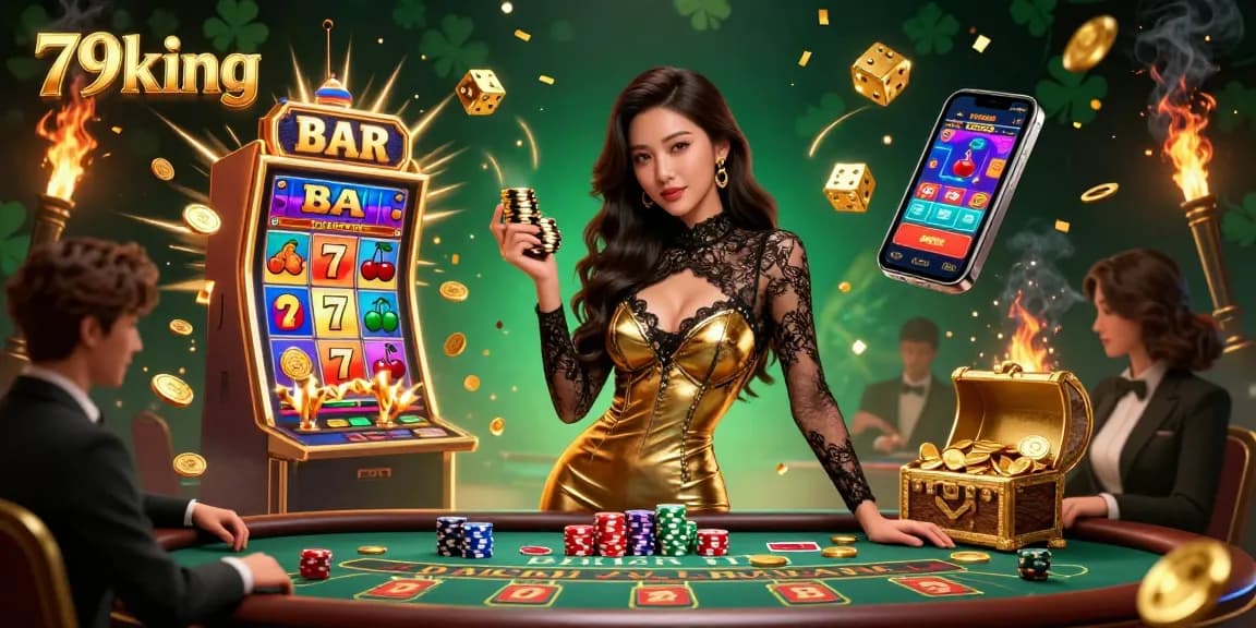 Experience the excitement at 79king with vibrant casino visuals, showcasing a confident woman at the baccarat table.