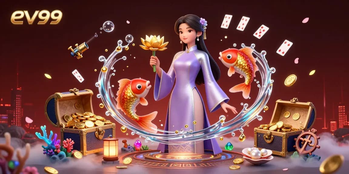 Engage with ev99 in an enchanting 3D casino scene featuring vibrant characters and dynamic game elements.