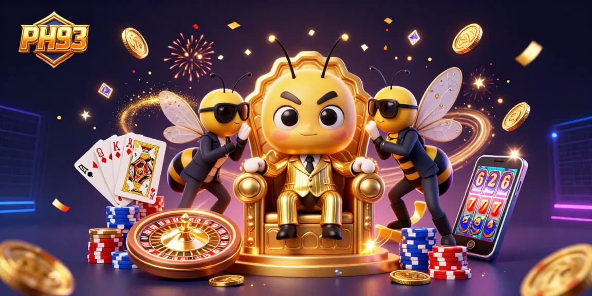 PH33 casino scene featuring 3D cartoon bumblebee boss with games, coins, and vibrant energy.