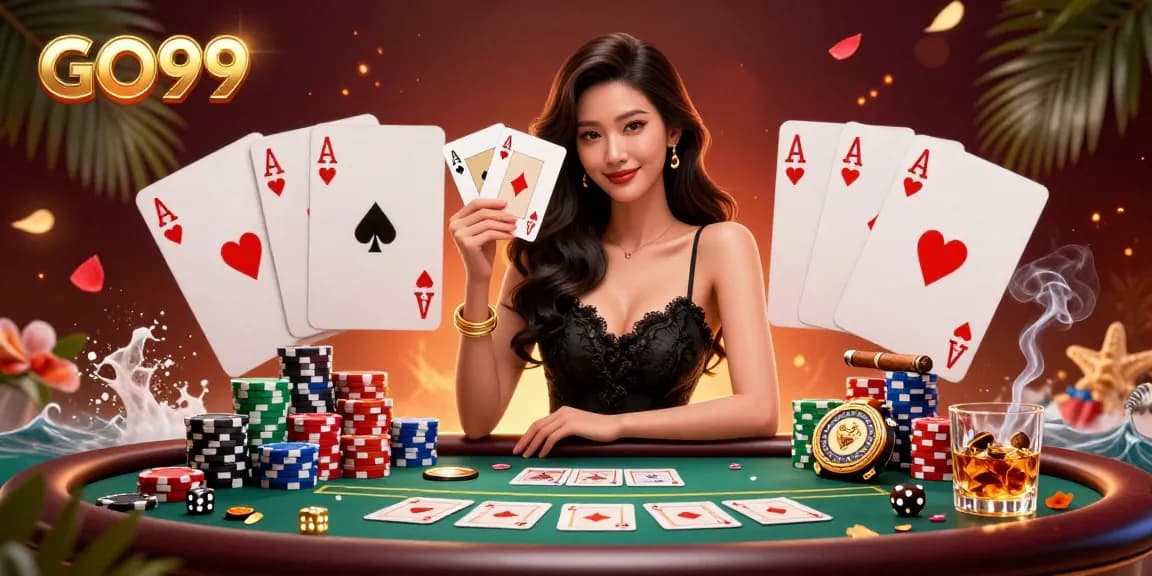 Engage with GO99, winning big at the casino with ace playing cards and vibrant chips.