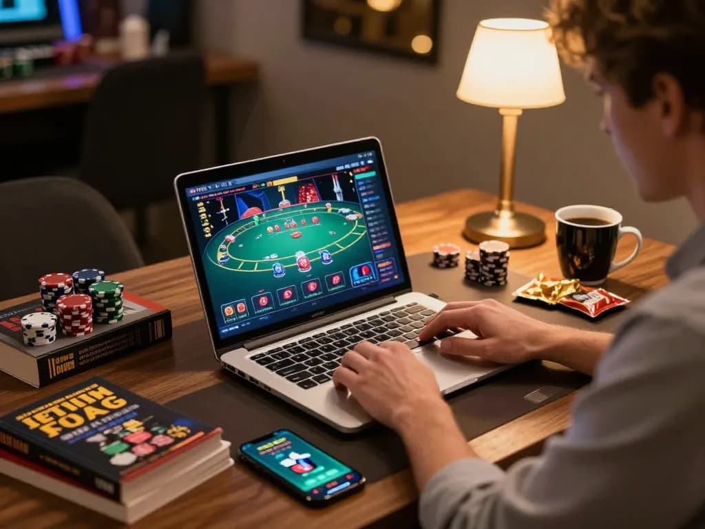 Player engaging in online poker on nk88 with strategy notes nearby and a smartphone app.