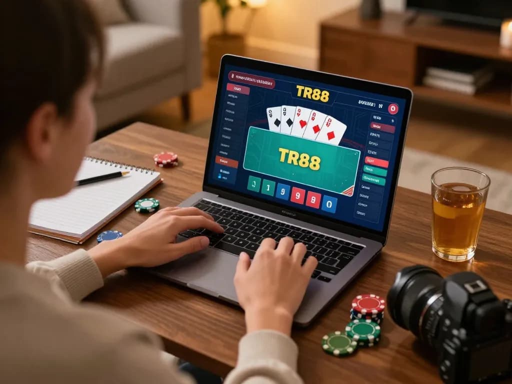 Player enjoying an online poker game on TR88 platform from home, showcasing a cozy gaming atmosphere.