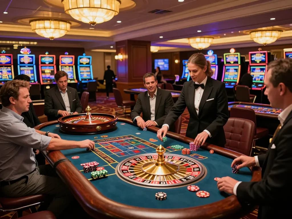 Betting excitement at ta88e in a lively casino with players at the roulette table