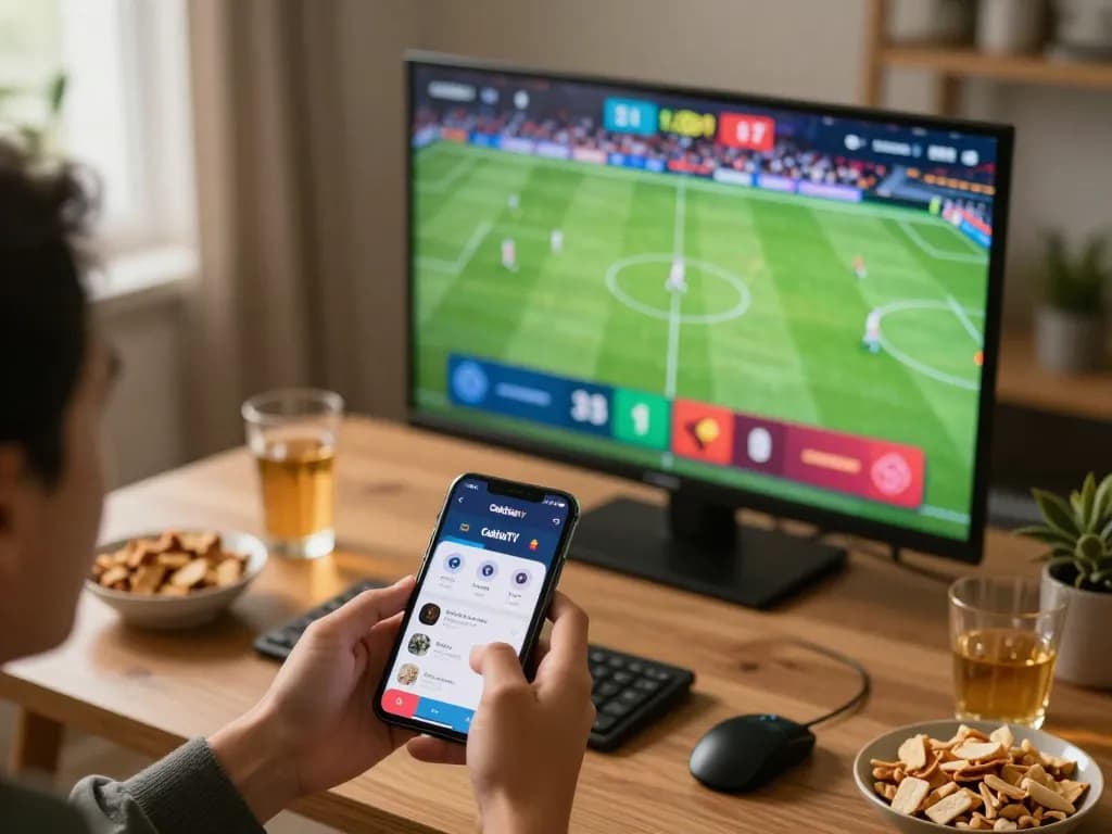 Person using CakhiaTV for live sports betting, showcasing smartphone and lively atmosphere.