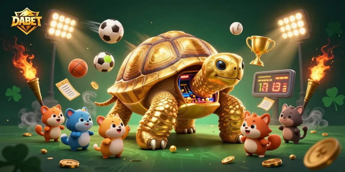 DABET players enjoying an exciting casino atmosphere with a giant tortoise pinball machine and dynamic sports elements.