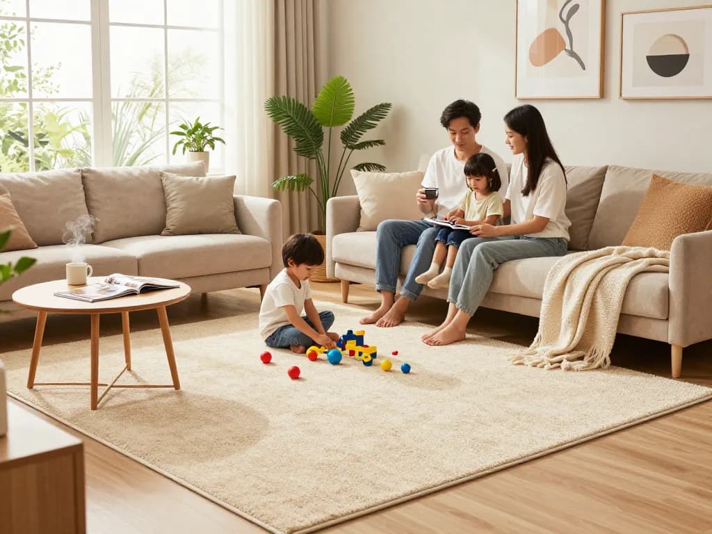 Affordable carpets London used in a cozy living room with family playing on the floor.