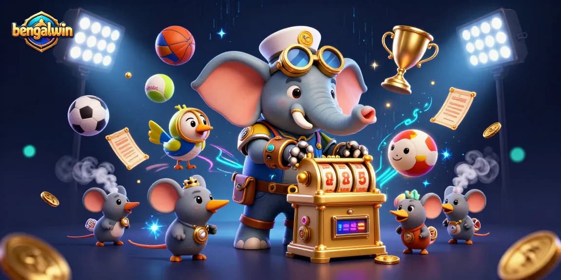 Bengalwin showcases a steampunk elephant operating a golden slot machine amidst flying sports balls and vibrant casino elements.