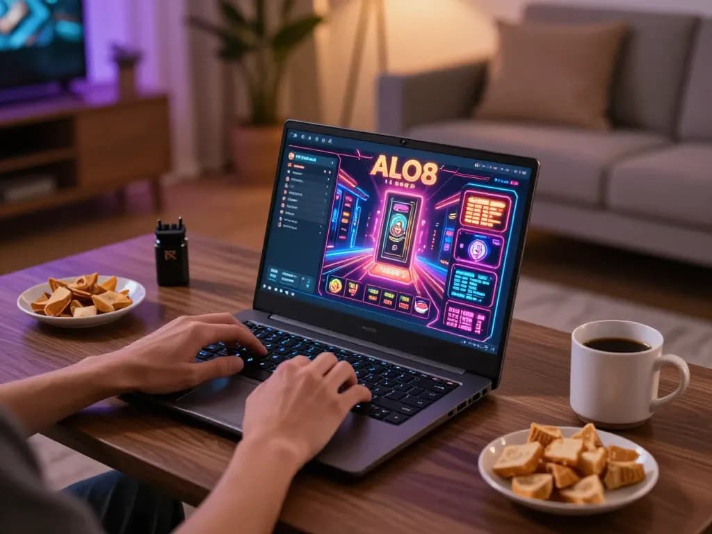 Player engaging with the ALO8 online casino platform, showcasing dynamic game interface and cozy setup